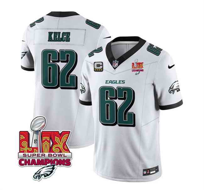 Men's Philadelphia Eagles #62 Jason Kelce White 2025 Eagles Logo Super Bowl LIX Patch And 4-Star C Patch New F.U.S.E. Vapor Limited Stitched Football Jersey